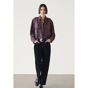 Massimo Dutti Womens Silk Blouse Button Up Shirt M Purple Pockets 5196/670 NWT